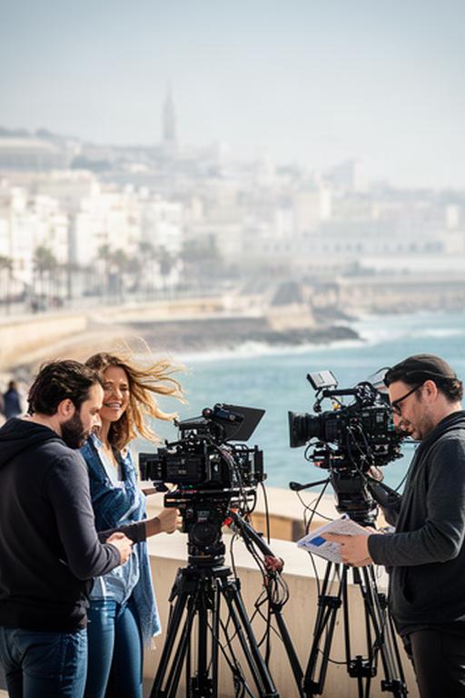 Equipo de televisión grabando un magazine local frente a la costa de Cádiz