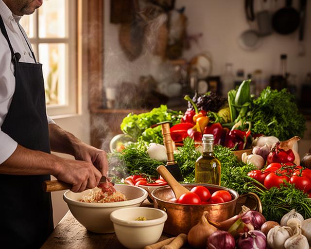 Cocinera preparando una receta tradicional gaditana junto a una mesa de ingredientes de mercado
